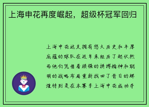 上海申花再度崛起，超级杯冠军回归