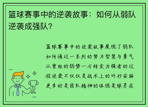 篮球赛事中的逆袭故事：如何从弱队逆袭成强队？