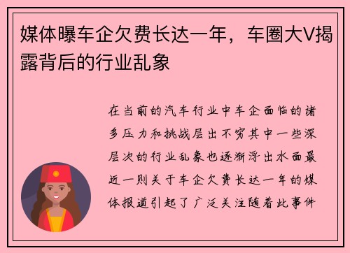媒体曝车企欠费长达一年，车圈大V揭露背后的行业乱象